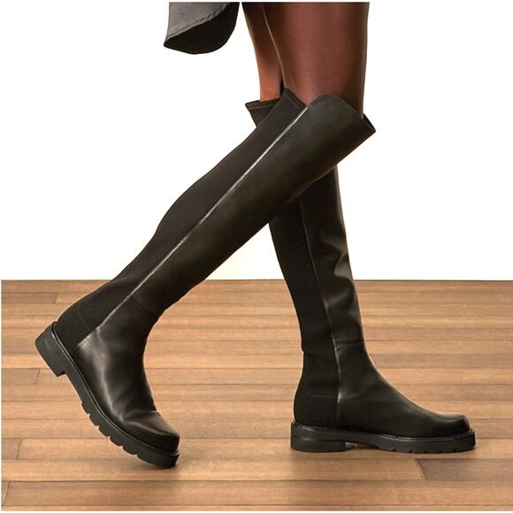 Stuart Weitzman Black 5050 Lift Over The Knee Boot Size 7.5 Leather Lug Sole New - Picture 1 of 15